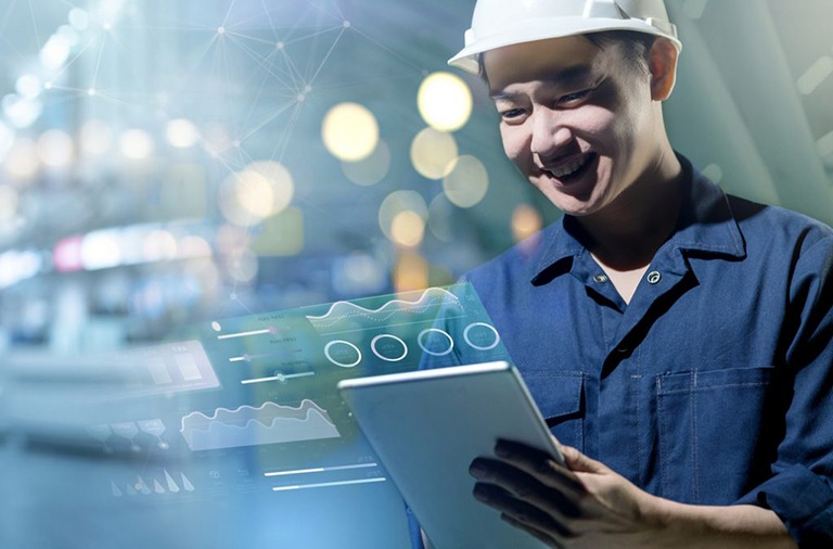 technician checking digital clipboard