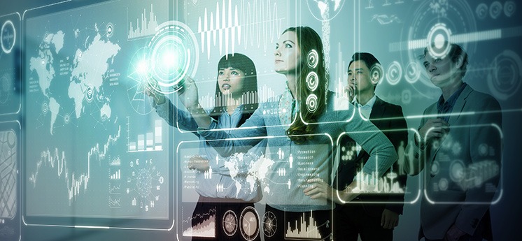 Group of people operating futuristic GUI.